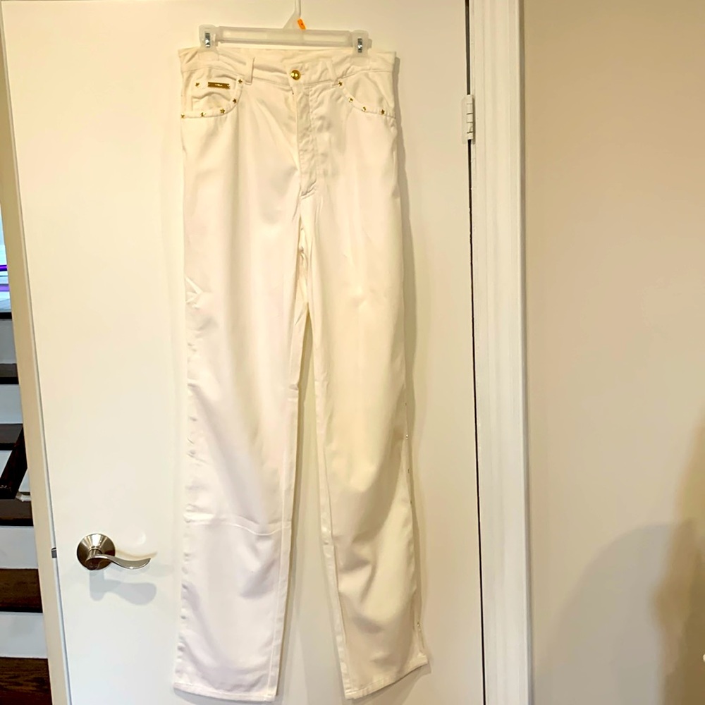 Escada winter white jeans with gold stars down the side and front pocket edge